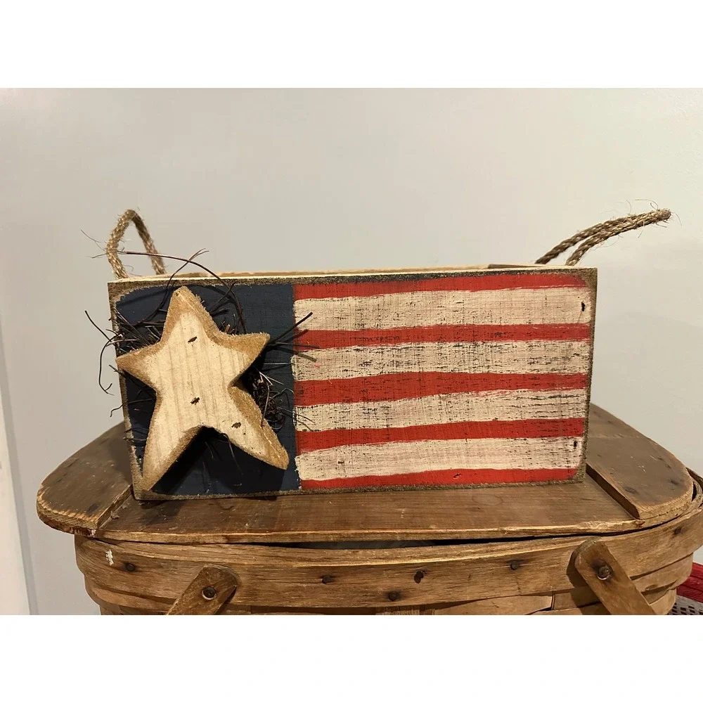 Rustic Wooden American Flag Crate Decorative Box Jute Rope Handles Americana